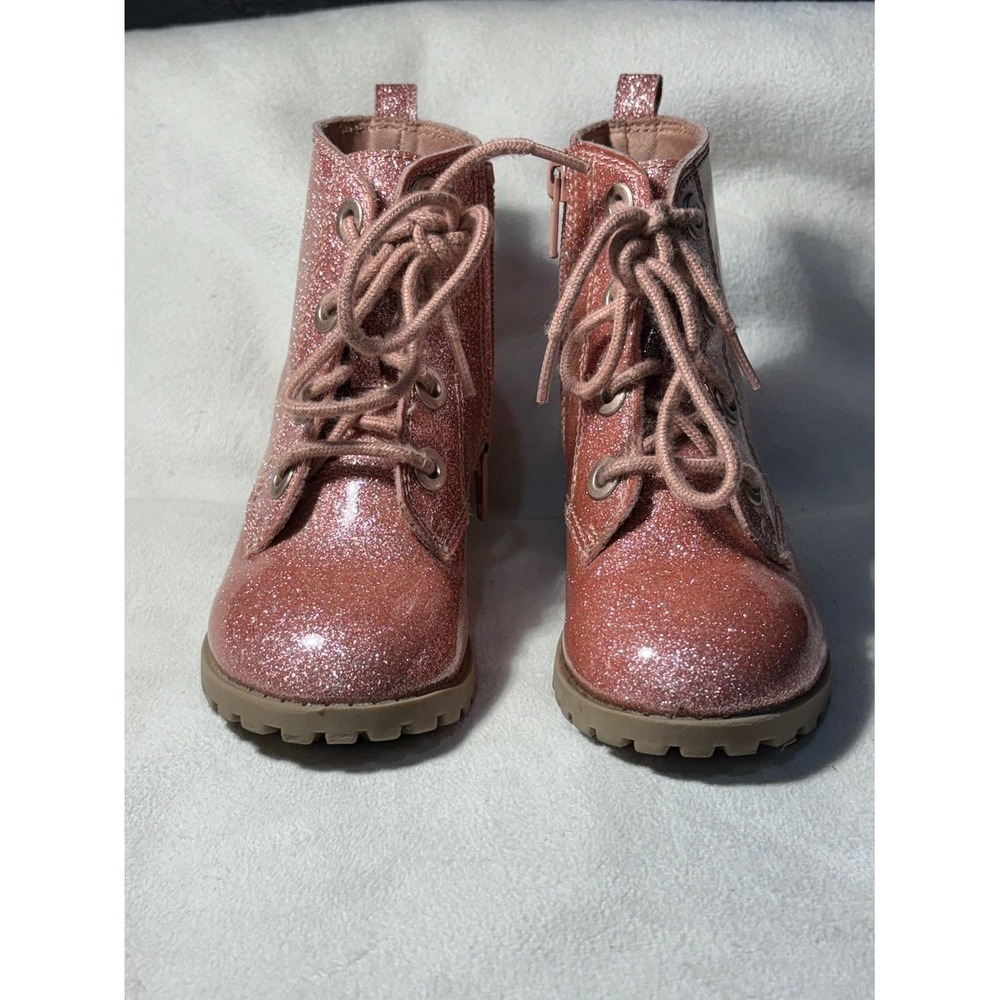Old Navy Toddler Girls Pink Chunky Glitter Lace Up Side Zip Combat Boots Size 8